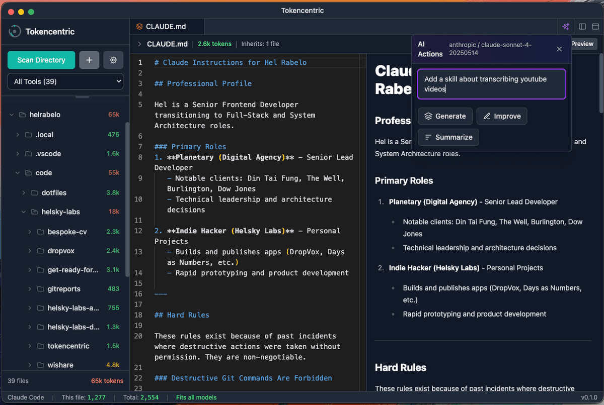 TokenCentric AI Actions popup showing Generate, Improve, and Summarize buttons