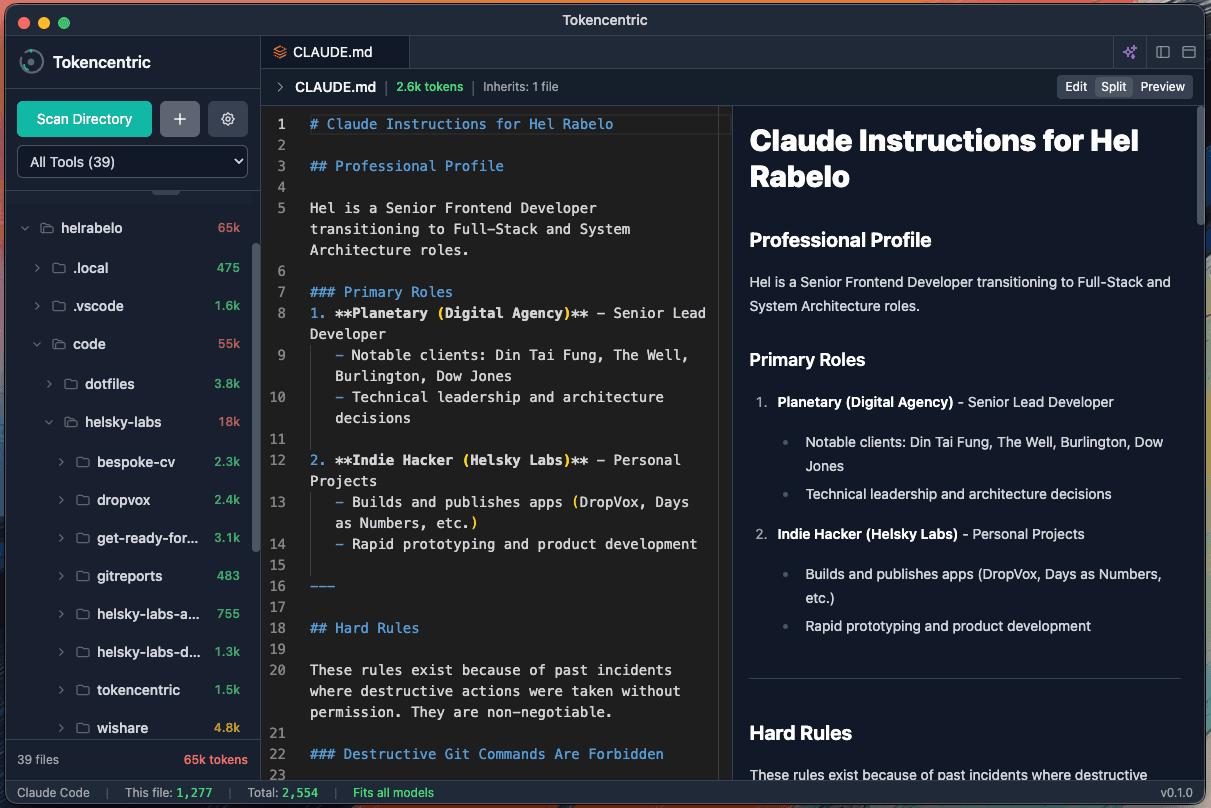 TokenCentric main window showing CLAUDE.md editor with sidebar file tree and split Edit/Preview view